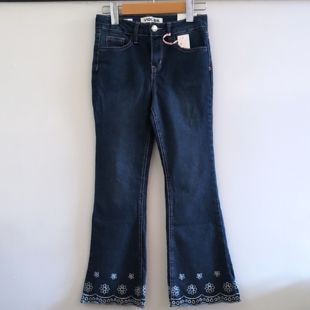 VIGOSS | Girl's Dark Wash Phoenix Flare High-Rise Slim Fit Floral Jeans